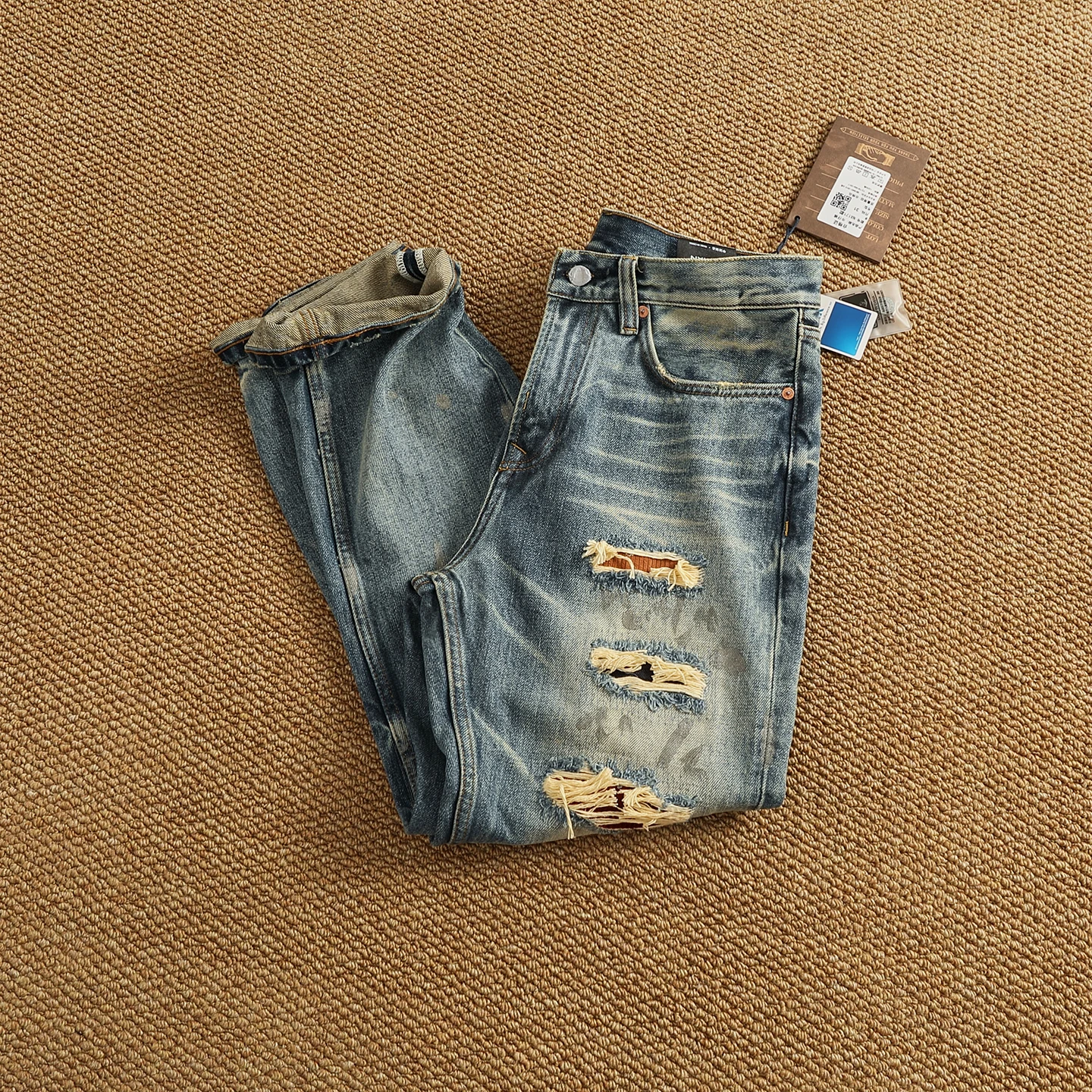 2025 Autumn New American Retro Heavyweight Ripped Denim Men's Fashion 100% Cotton Washed Old Straight Tapered Casual Jeans - Image 3