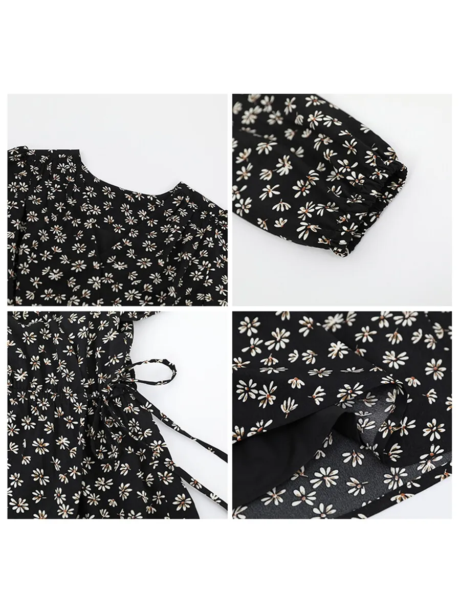 Women's Black Floral V-Neck Long Sleeve Mini Dress - view 4