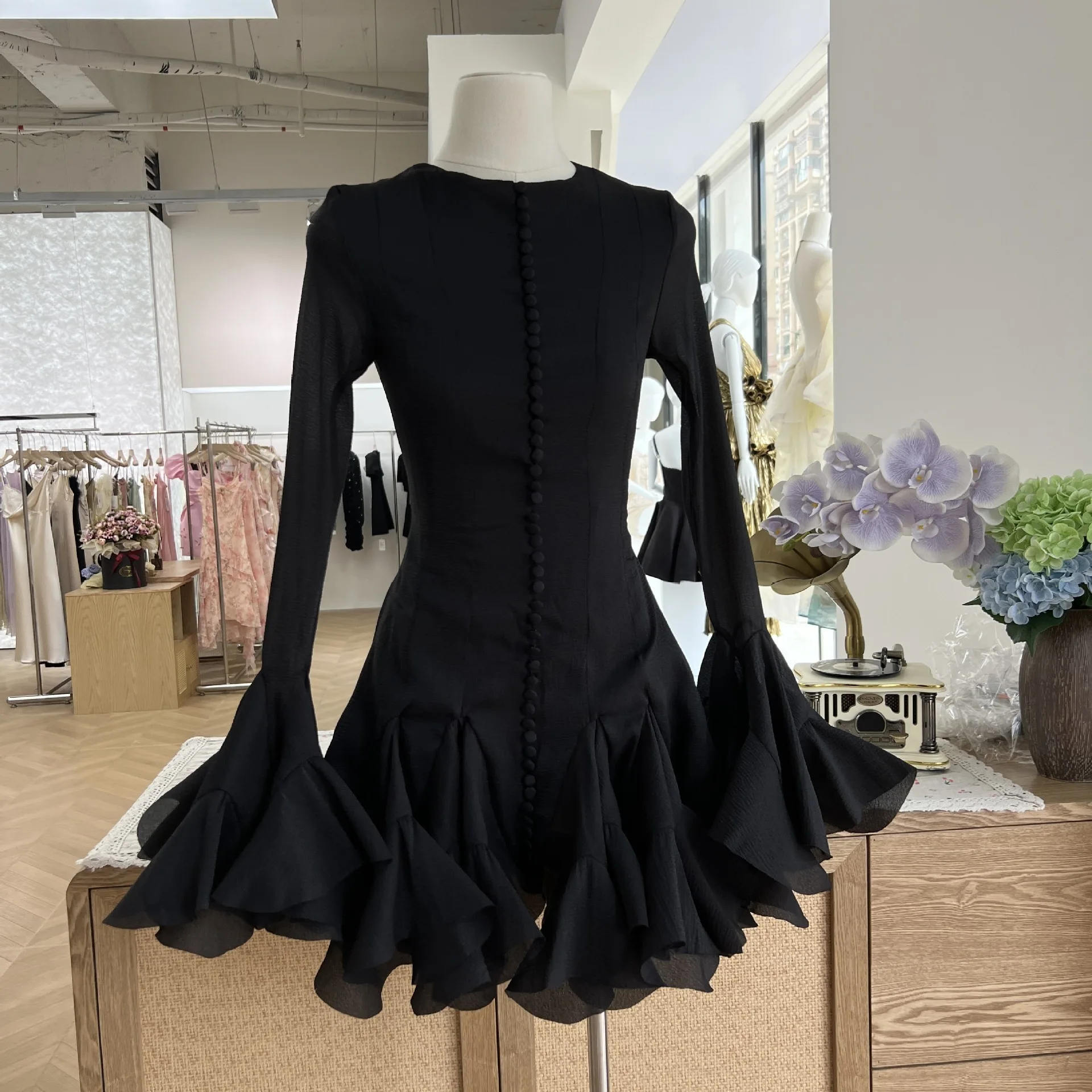Women's Flower Buckle Long Sleeve Mini Dress - view 8