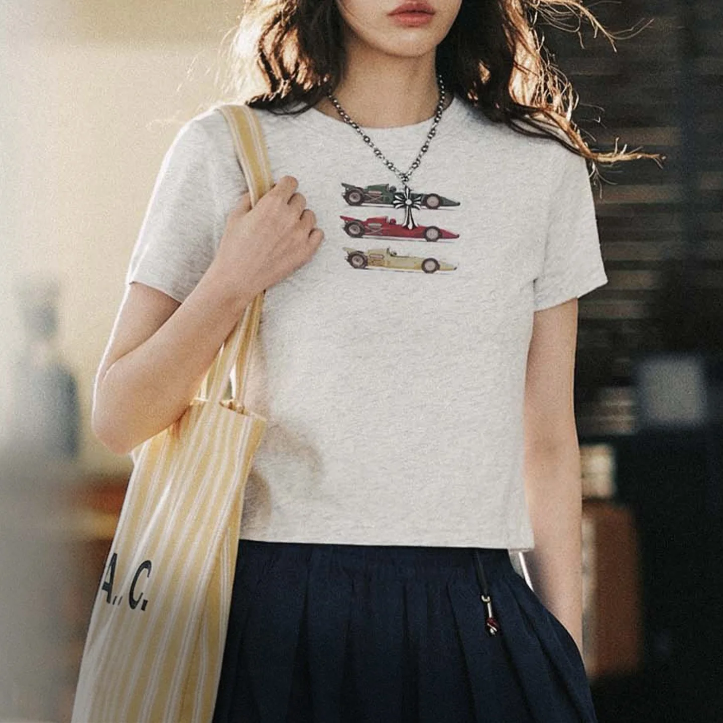 Maden Women's Heavyweight Regular Shoulder Cropped Tee American Retro Racing Print Slim Fit Short Sleeve Trendy Y2K Casual Top - Image 5